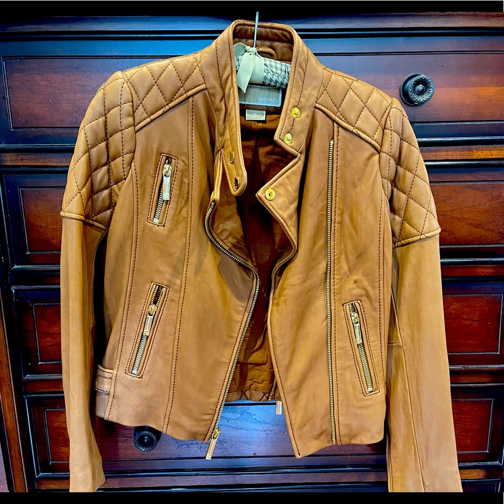 Michael Kors Camel colored soft leather jacket with gold hardware